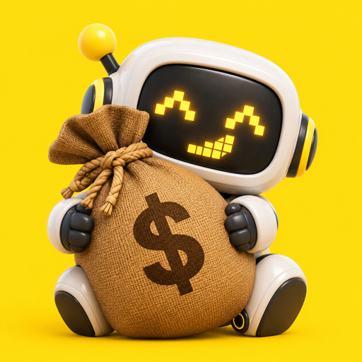 BagBots mascot hugging a money bag